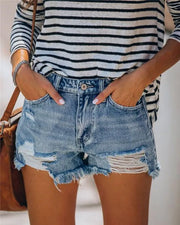 2025 Summer New Women's Ripped Denim Shorts Fashion High Elastic Tassel Straight Jeans Shorts Casual Sexy Ladies Shorts