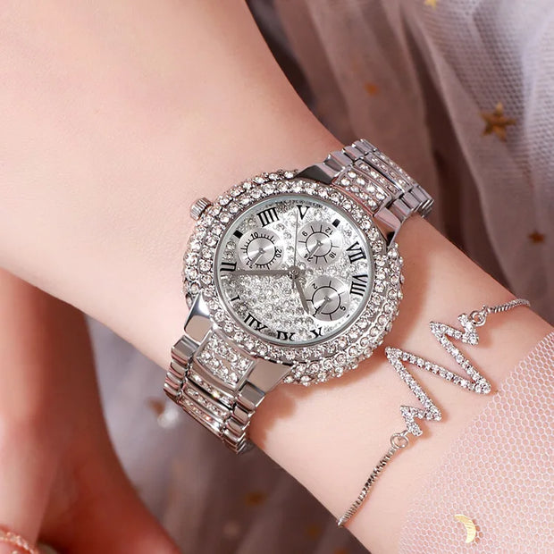 Luxury Stainless Steel Quartz Watch for Women with Diamond Bracelet Waterproof Fashion Wristwatch