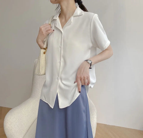 Elegant Women's Summer Chiffon Blouse Casual Turn Down Collar Short Sleeve Loose Shirt Korean Chic Female Tunic