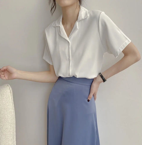 Elegant Women's Summer Chiffon Blouse Casual Turn Down Collar Short Sleeve Loose Shirt Korean Chic Female Tunic