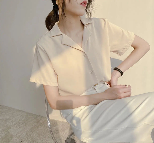 Elegant Women's Summer Chiffon Blouse Casual Turn Down Collar Short Sleeve Loose Shirt Korean Chic Female Tunic