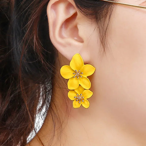 Korean Big Double Flower Drop Earrings for Woman Summer Beach Party Metal Statement Ear  Boho Fashion Jewelry Girl Gift