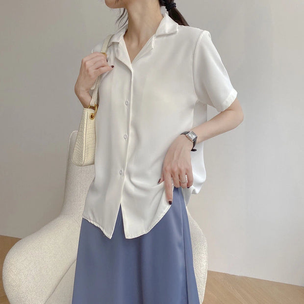 Elegant Women's Summer Chiffon Blouse Casual Turn Down Collar Short Sleeve Loose Shirt Korean Chic Female Tunic