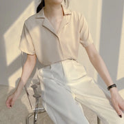 Elegant Women's Summer Chiffon Blouse Casual Turn Down Collar Short Sleeve Loose Shirt Korean Chic Female Tunic