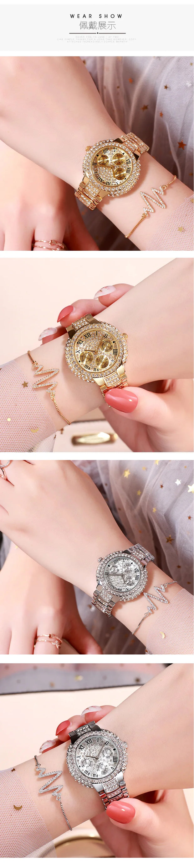 Luxury Stainless Steel Quartz Watch for Women with Diamond Bracelet Waterproof Fashion Wristwatch