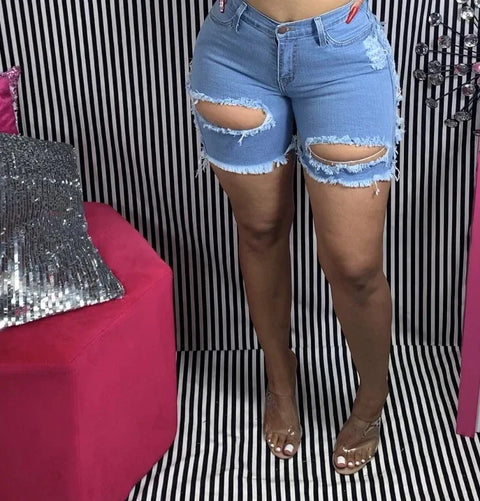 2025 Summer New High Waist Women's Ripped Denim Shorts Fashion Stretch Slim Fit Jeans Shorts Ladies Sexy Shorts