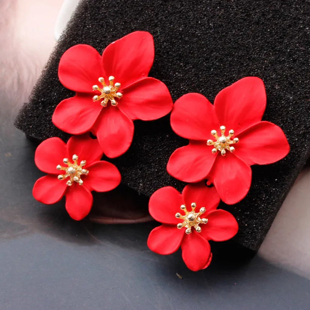 Korean Big Double Flower Drop Earrings for Woman Summer Beach Party Metal Statement Ear  Boho Fashion Jewelry Girl Gift