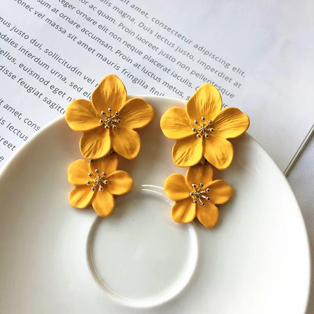 Korean Big Double Flower Drop Earrings for Woman Summer Beach Party Metal Statement Ear  Boho Fashion Jewelry Girl Gift