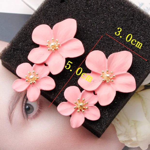 Korean Big Double Flower Drop Earrings for Woman Summer Beach Party Metal Statement Ear  Boho Fashion Jewelry Girl Gift