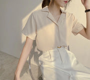 Elegant Women's Summer Chiffon Blouse Casual Turn Down Collar Short Sleeve Loose Shirt Korean Chic Female Tunic