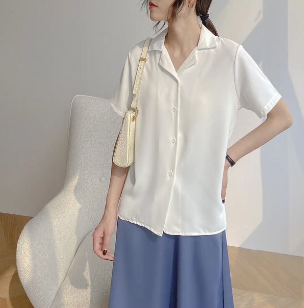 Elegant Women's Summer Chiffon Blouse Casual Turn Down Collar Short Sleeve Loose Shirt Korean Chic Female Tunic