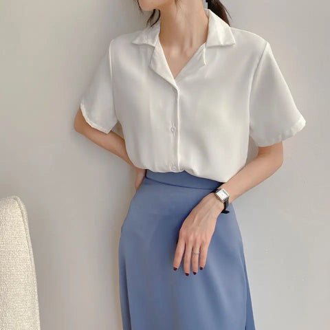 Elegant Women's Summer Chiffon Blouse Casual Turn Down Collar Short Sleeve Loose Shirt Korean Chic Female Tunic