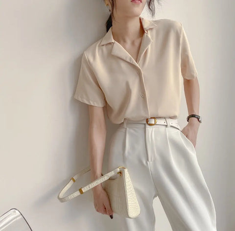 Elegant Women's Summer Chiffon Blouse Casual Turn Down Collar Short Sleeve Loose Shirt Korean Chic Female Tunic