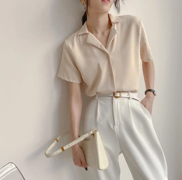 Elegant Women's Summer Chiffon Blouse Casual Turn Down Collar Short Sleeve Loose Shirt Korean Chic Female Tunic