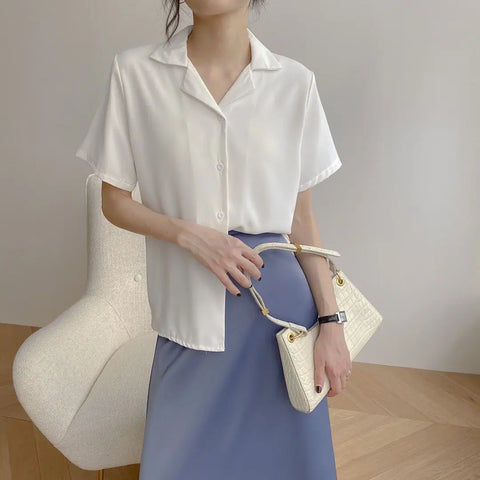 Elegant Women's Summer Chiffon Blouse Casual Turn Down Collar Short Sleeve Loose Shirt Korean Chic Female Tunic