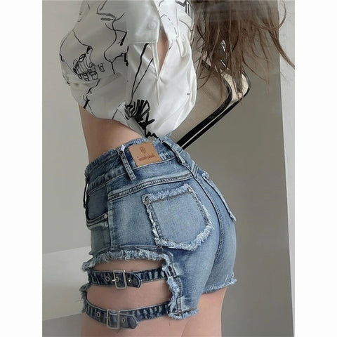 New Sexy Hollow High Waist Perforated Bar Hot Pants Summer High Elastic Plus Size Fashion Casual Jeans Denim Shorts Women