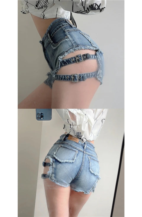 New Sexy Hollow High Waist Perforated Bar Hot Pants Summer High Elastic Plus Size Fashion Casual Jeans Denim Shorts Women