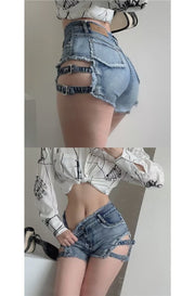 New Sexy Hollow High Waist Perforated Bar Hot Pants Summer High Elastic Plus Size Fashion Casual Jeans Denim Shorts Women