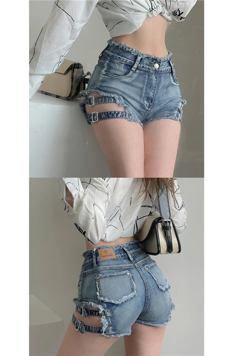 New Sexy Hollow High Waist Perforated Bar Hot Pants Summer High Elastic Plus Size Fashion Casual Jeans Denim Shorts Women