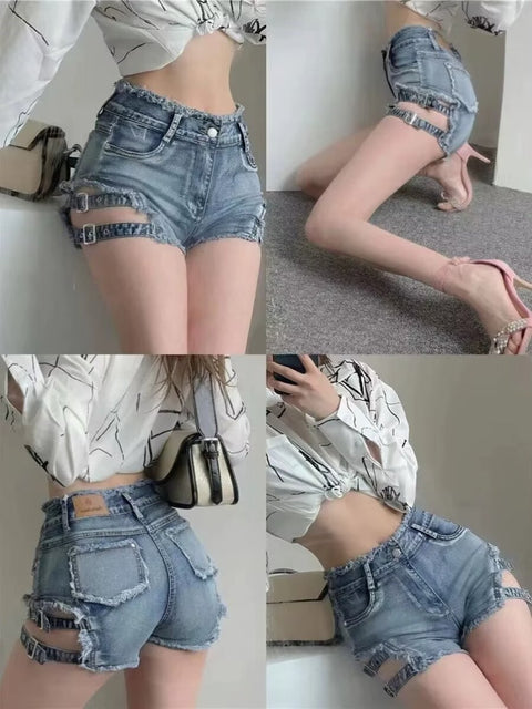 New Sexy Hollow High Waist Perforated Bar Hot Pants Summer High Elastic Plus Size Fashion Casual Jeans Denim Shorts Women