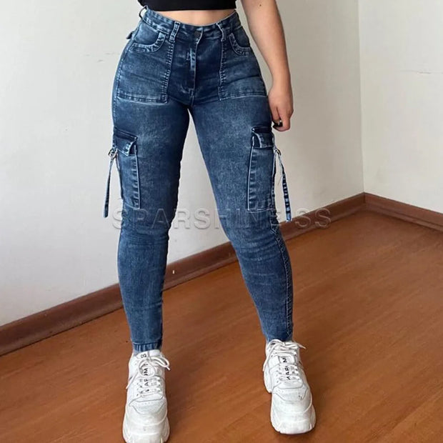 High Waist Skinny Jeans for Women Casual Wash Cargo Pants Retro Y2K Style Autumn Winter Legging Denim Trousers