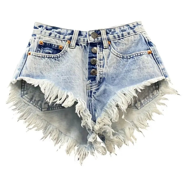 Single Breasted A-line Denim Wide Leg Shorts for Women's Summer High Waisted Fringed Fur Edge Washed Jeans Shorts