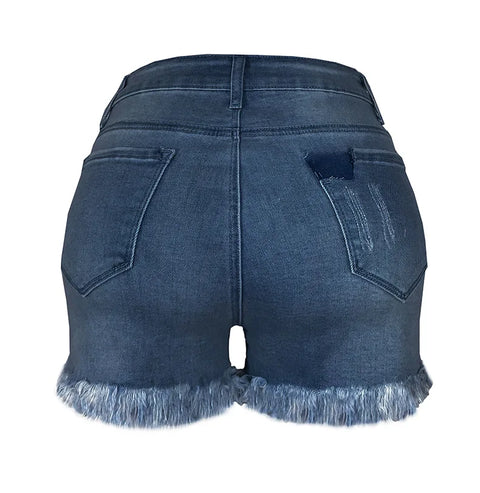 2025 Summer New Women's Ripped Denim Shorts Fashion High Elastic Tassel Straight Jeans Shorts Casual Sexy Ladies Shorts