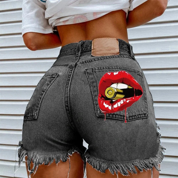 FAGADOER High Waisted Torn Denim Shorts for Women Casual Y2K Street Style with Eye Catching Printing Tassels