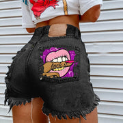 FAGADOER High Waisted Torn Denim Shorts for Women Casual Y2K Street Style with Eye Catching Printing Tassels