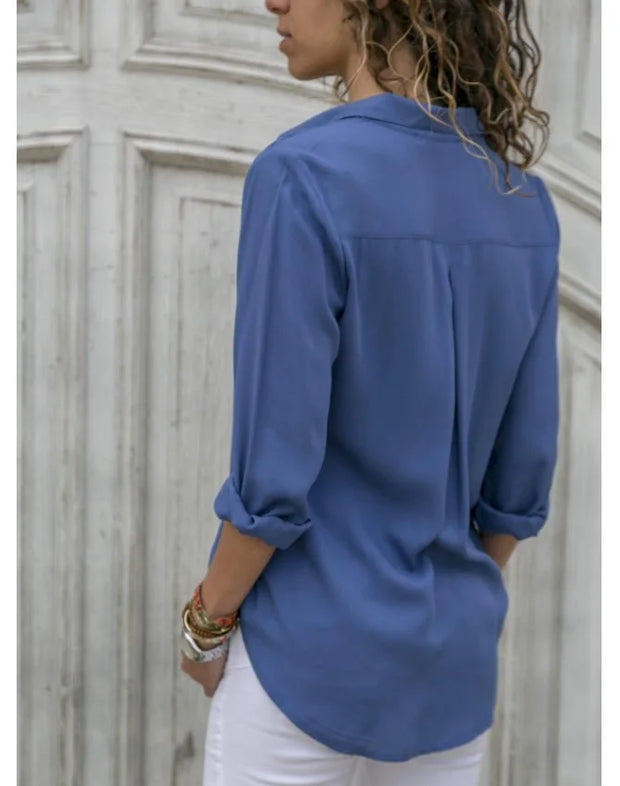 Elegant Women's Chiffon Blouse Solid Color V-Neck Long Sleeve Casual Shirt for Office Lady Tunics Oversized Tops