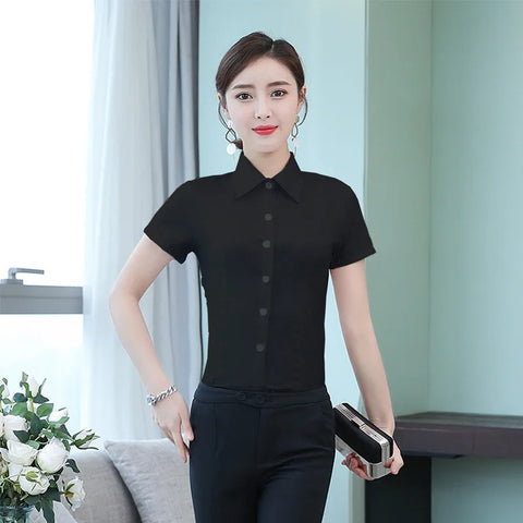 Fashion White Short Sleeve Women's Blouse Solid Tops for Autumn 2023 Ladies Work Shirt Eye Catching Basic Clothing