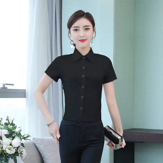 Fashion White Short Sleeve Women's Blouse Solid Tops for Autumn 2023 Ladies Work Shirt Eye Catching Basic Clothing