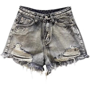 Washed Black Denim A-line Shorts for Women with Ripped Hole and Rough Edges Perfect for Summer 2025 New Fashion