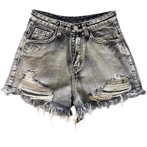 Washed Black Denim A-line Shorts for Women with Ripped Hole and Rough Edges Perfect for Summer 2025 New Fashion