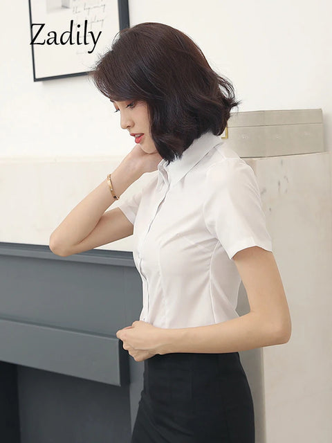 Summer Women's Office Lady Button Up White Slim Fit Basic Shirt Minimalist Short Sleeve Work Top for Women Clothing