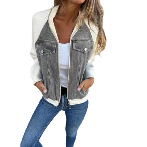 Autumn Winter Denim Patchwork Jacket for Women Casual Fashion V-Neck Long Sleeve Shoulder Rubbing Coat