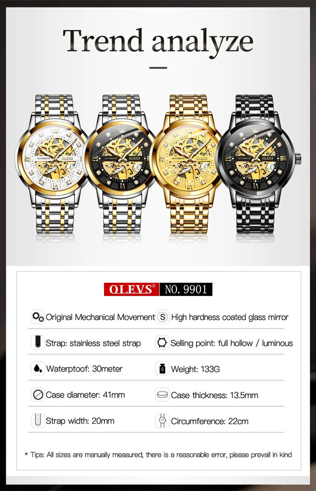 OLEVS Men's Luxury Sports Skeleton Luminous Automatic Watch Gold Steel Mechanical Wristwatch Waterproof Reloj Hombre