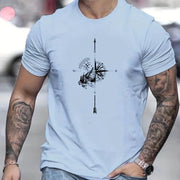 Men's Summer Casual Loose Size 100% Cotton Mountain Compass Pattern Print Round Neck Short Sleeve T-shirt Top