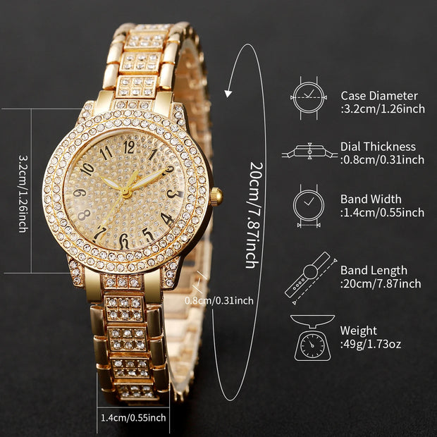 Full Diamond Fashion Women's Watch Set 6PCS Gold Steel Band Analog Quartz Jewelry Without Box