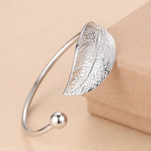 Fashion 925 Sterling Silver Woman Cuff Bracelet Open Leaf Shaped Adjustable Charm Bangle Bracelets Luxury Party Jewelry Gifts