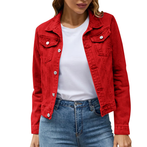 Women's Denim Jackets for Fashion Casual Long Sleeve Lapel Solid Single Button Chest Pocket Slim Fit Jean Coat for Fall Winter