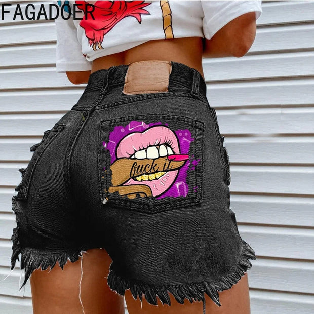 FAGADOER High Waisted Torn Denim Shorts for Women Casual Y2K Street Style with Eye Catching Printing Tassels