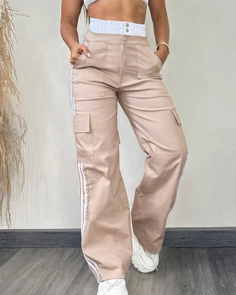 Streetwear High Waist Cargo Pants Women Striped Tape Patch Shirred Stretchy Trousers Solid Straight Big Pockets Y2K Sweatpants