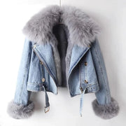 2024 Autumn Winter Women's Denim Jacket with Detachable Faux Fox Rabbit Fur Lining Short Top for Cold Weather Parker Outwear