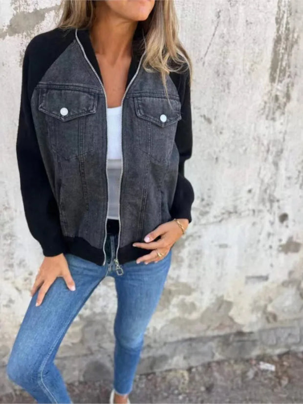 Autumn Winter Denim Patchwork Jacket for Women Casual Fashion V-Neck Long Sleeve Shoulder Rubbing Coat