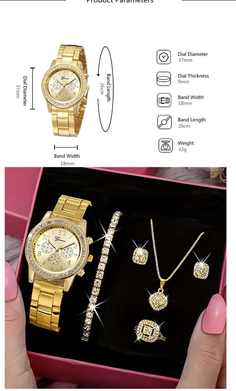 Gold Watch Women Luxury Set with Ring Necklace Earrings Rhinestone Fashion Wristwatch Female Casual Bracelet