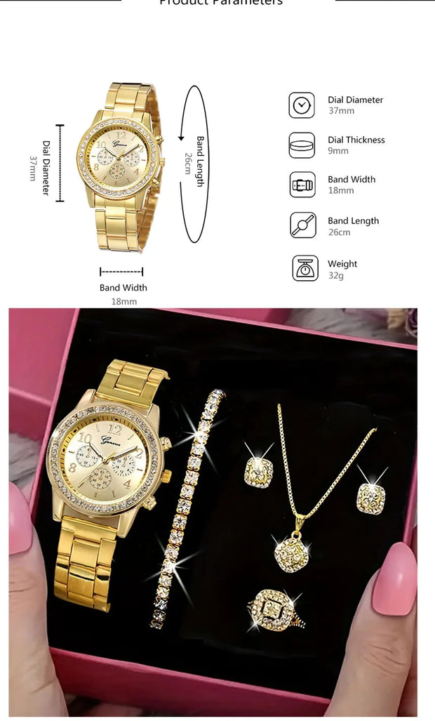 Gold Watch Women Luxury Set with Ring Necklace Earrings Rhinestone Fashion Wristwatch Female Casual Bracelet