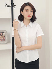 Summer Women's Office Lady Button Up White Slim Fit Basic Shirt Minimalist Short Sleeve Work Top for Women Clothing