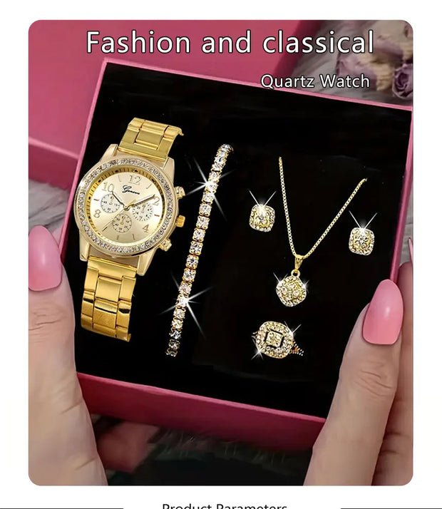 Gold Watch Women Luxury Set with Ring Necklace Earrings Rhinestone Fashion Wristwatch Female Casual Bracelet