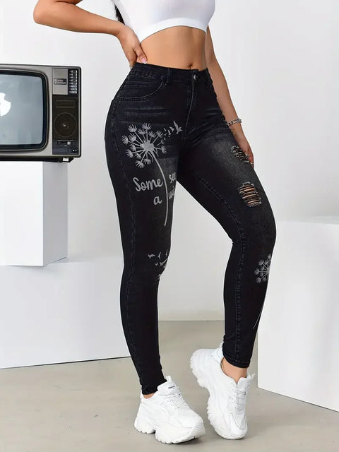 Women's High Waisted Stretch Trousers Slim Fit Jeans Print Flower Pattern Wide Leg Pants For Casual Fashion Outings Clothing